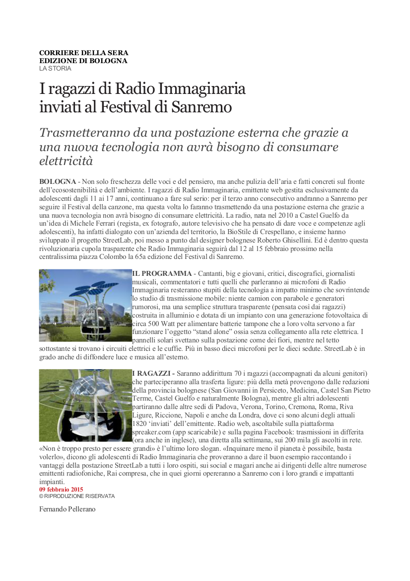 Radio Immaginaria e BioStile a Sanremo_ Corriere della Sera 9 Febbraio 2015