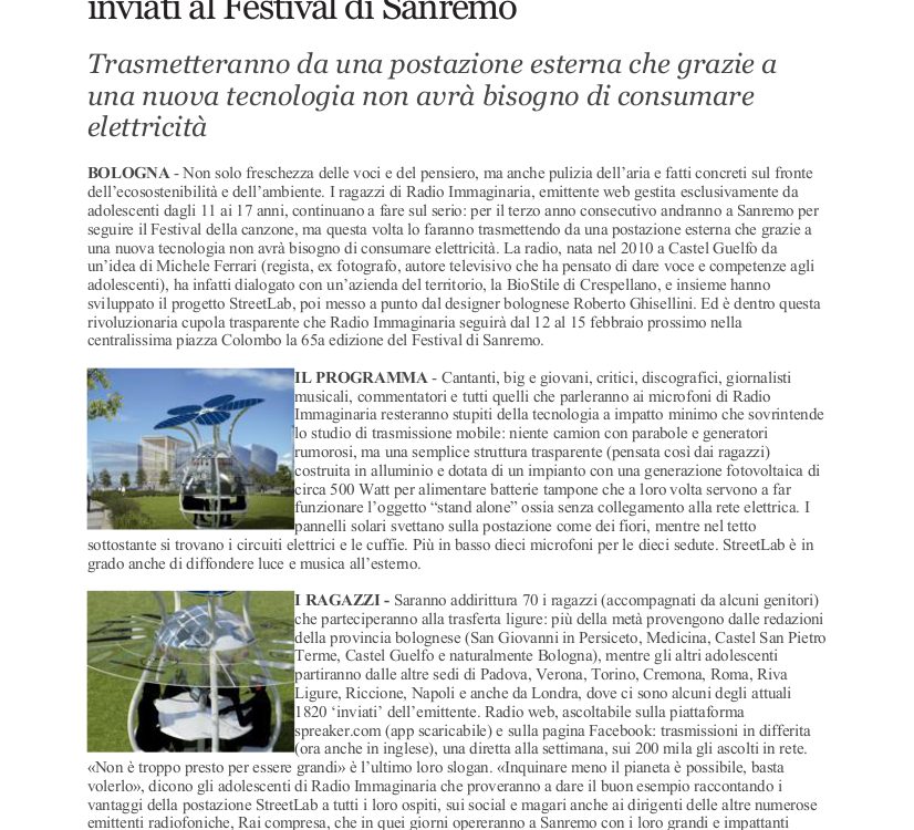 Radio Immaginaria e BioStile a Sanremo_ Corriere della Sera 9 Febbraio 2015